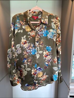 GUESS Olive green Floral Button-Up Blouse with Blue, Yellow & Cream Details